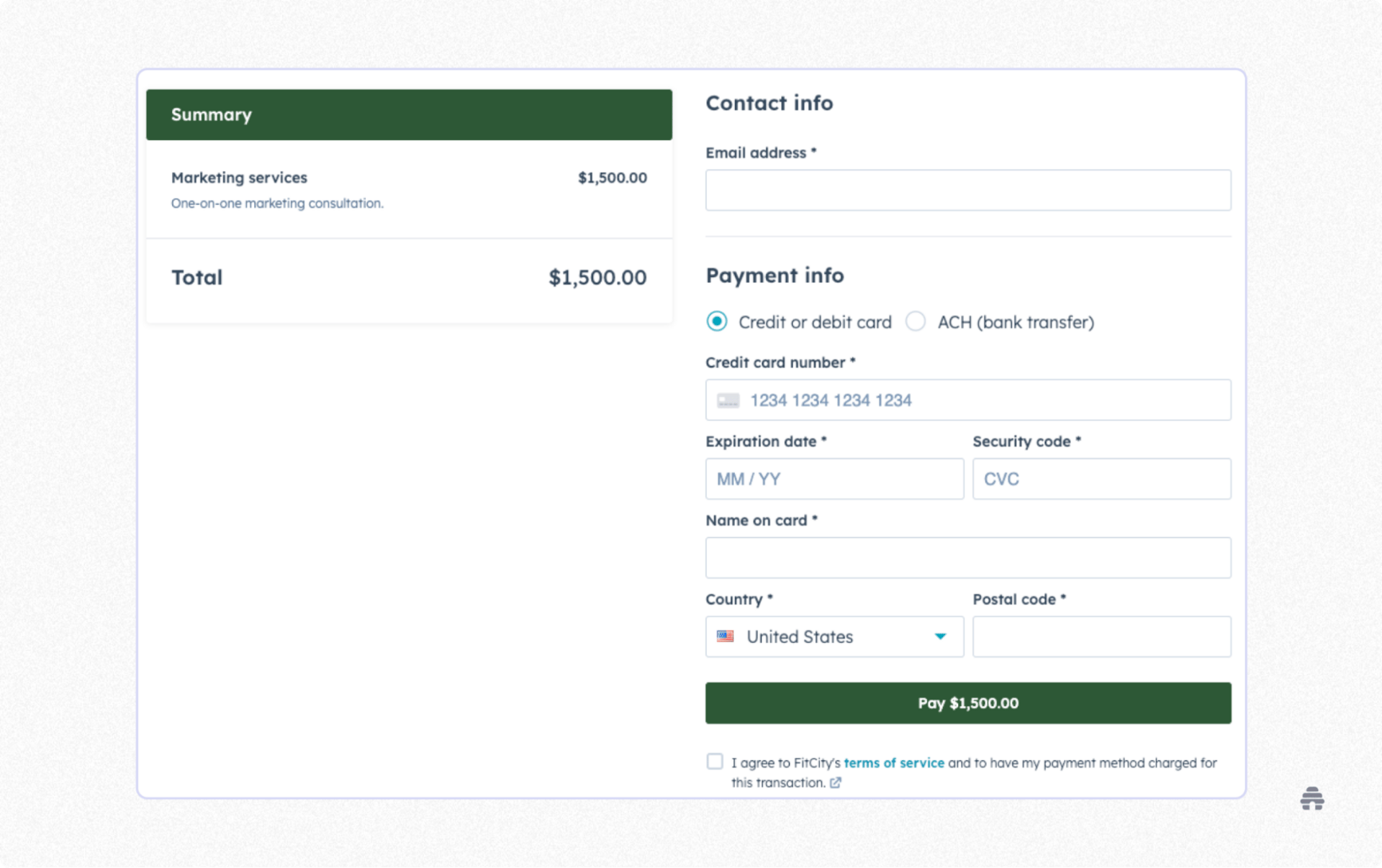 HubSpot payment checkout form showing marketing service purchase summary and credit card payment fields. Illustrates how businesses can collect payments and manage transactions using HubSpot’s built-in commerce tools.