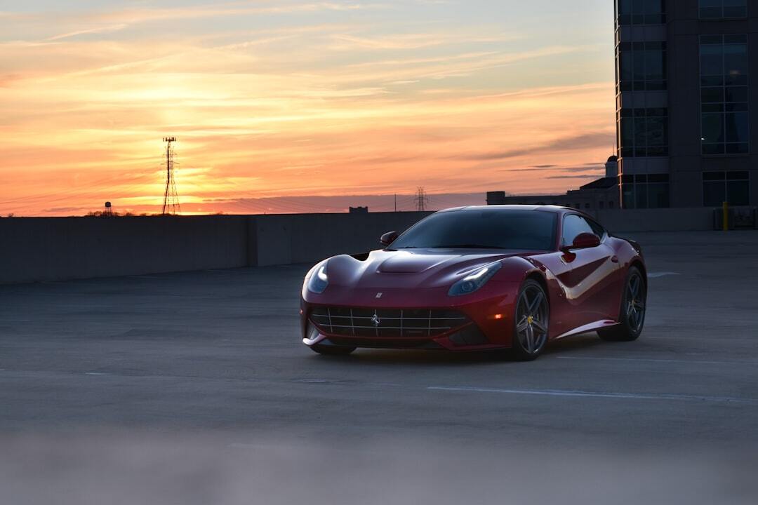 Parking deck sunset photo of the Ferrari F12 Berlinetta