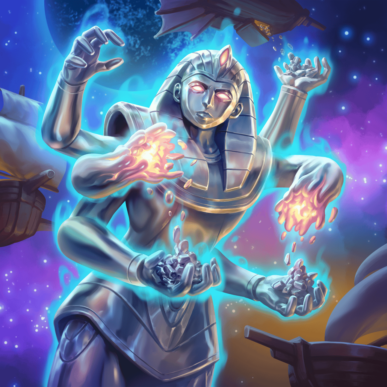 A silver giant wearing an egyptian styled headress their eyes glow read as they melt two of their six arms into treasure and collect treasure from passing ships.
