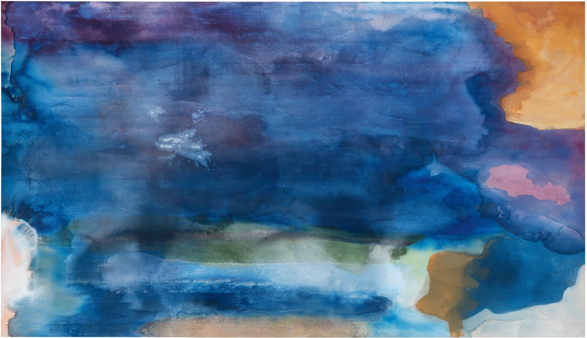 Helen Frankenthaler, Riverhead. A large abstract painting with overlapping, amorphous shapes in shades of blue, with orange and white around the edges.