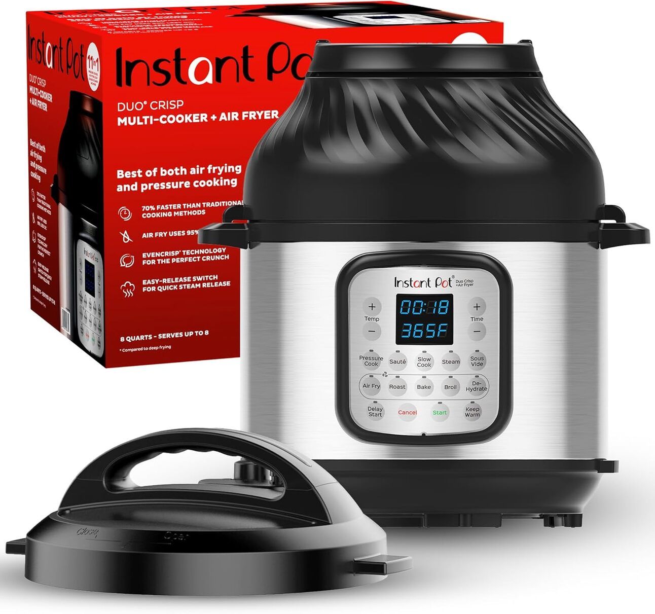 Instant Pot Duo Crisp with Air Fryer Lid – A dynamic image showing the cooker with its air fryer lid in action, crisping up golden fries. Steam and crisping modes highlighted.