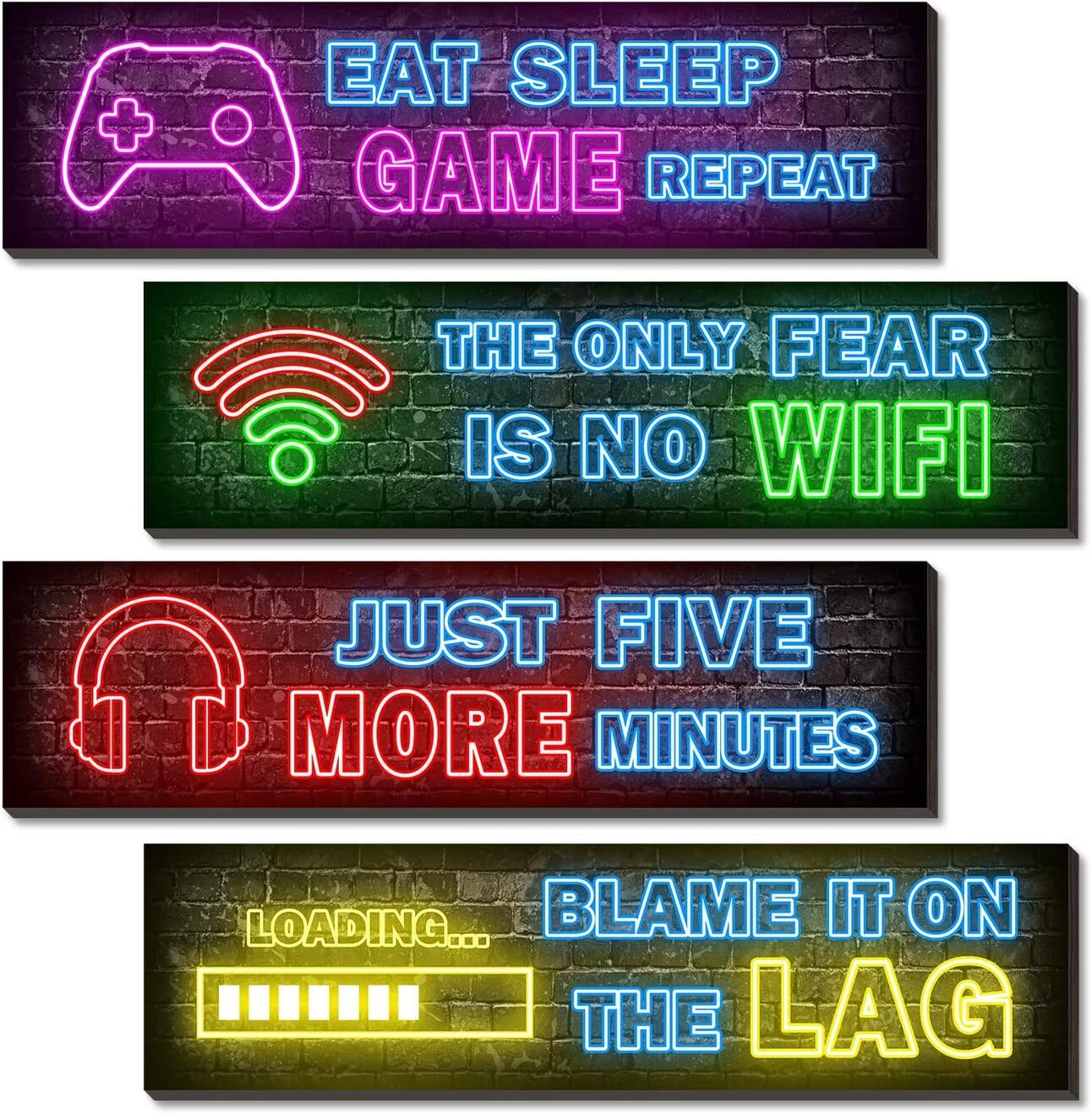 Neon Gaming Posters – Instantly Level Up Their Space A vibrant 4-piece neon poster set with bold gaming imagery, perfect for adding energetic style to a teen's gaming room or streaming backdrop.