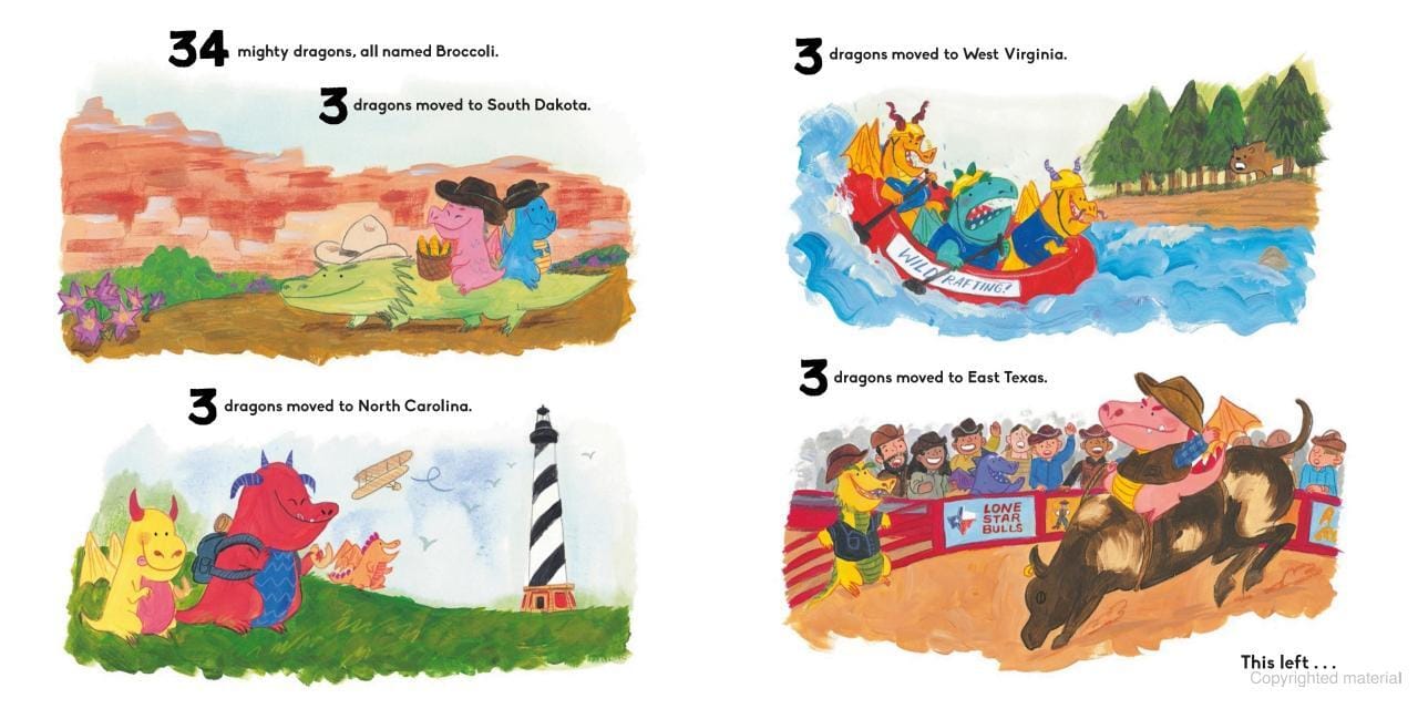 Text reads "34 mighty dragons all named Broccoli. 3 dragons move to South Dakota. 3 dragons moved to North Carolina. 3 dragons moved to West Virginia. 3 dragons moved to East Texas. This left..." Each location has a picture of those three dragons doing activities associated with the state (exploring the desert, viewing a lighthouse, rafting, and bull-riding, respectively.)