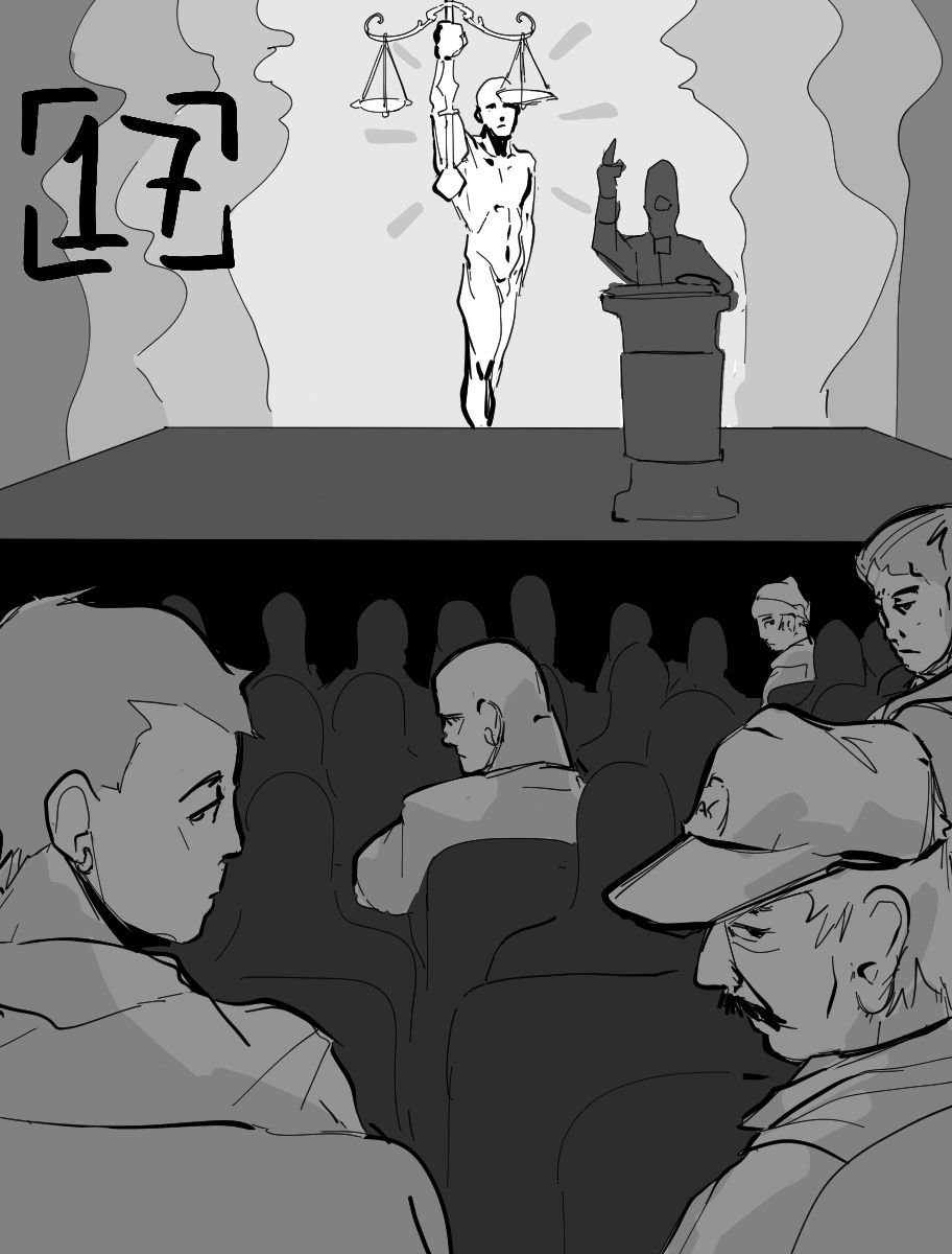 Desenho monocromático. O desenho mostra um salão repleto de cadeiras ocupadas. A maioria das pessoas está prestando atenção em um homem discursando em frente a um púlpito. Ao lado deste homem há uma figura humana erguendo no seu braço direito uma balança romana. Apenas cinco pessoas não estão prestando atenção no discurso. Elas estão olhando para trás, em direção ao observador da imagem. No lado superior esquerdo direito há o número dezessete para indicar o capítulo.