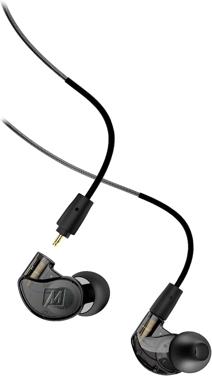 MEE Audio M6 Bluetooth Earbuds Sport-style wireless earbuds with flexible ear hooks, placed next to gym gear—secure-fit and sweatproof for high-intensity workouts.