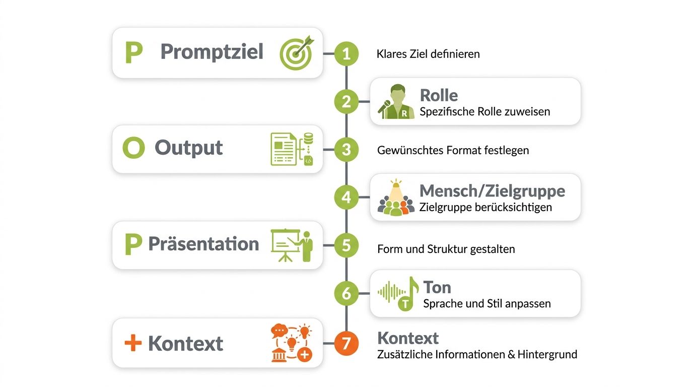 PROMPT+ Framework Übersicht mit allen sieben Komponenten für KI richtig prompten