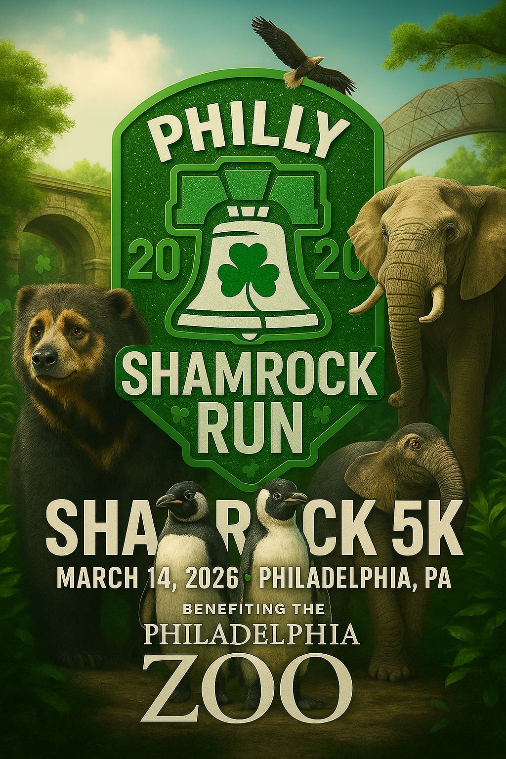 Poster for the 2026 Philly Shamrock Run benefiting the Philadelphia Zoo, featuring a green Liberty Bell badge with a shamrock and animals including a bear, elephants, penguins, and birds.