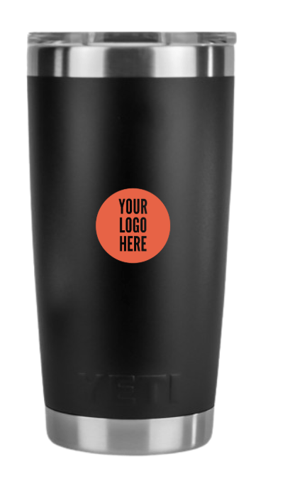 Black YETI stainless steel, vacuum-insulated travel rambler with logo engraving, premium drinkware choice for company swag boxes and client appreciation gifts from Merchpath.