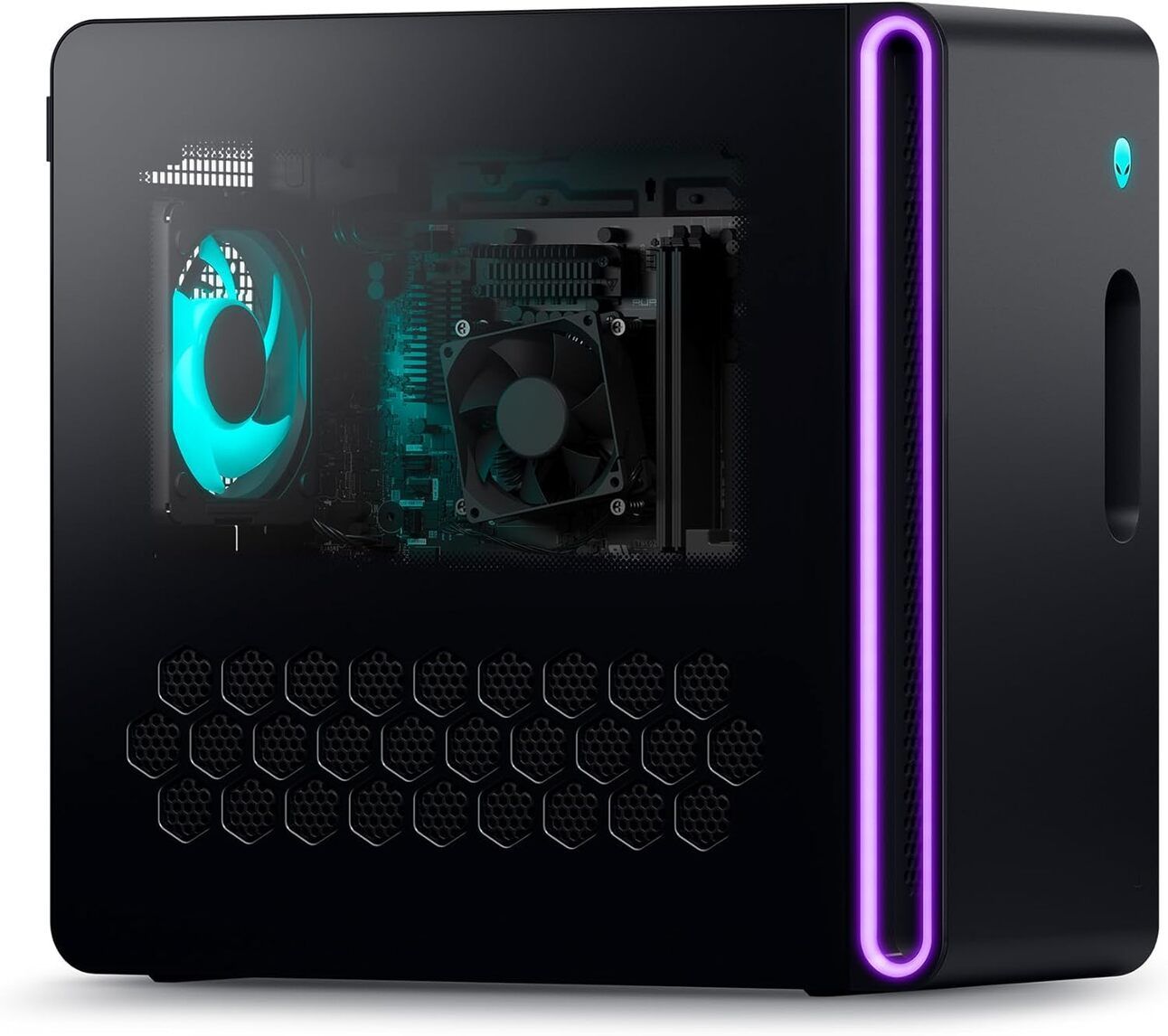 Alienware Aurora R16 – The Ultimate Beast A futuristic black and silver gaming desktop with RGB lighting glowing through a sleek side panel, set up on a high-end gaming desk with dual monitors displaying FPS gameplay.