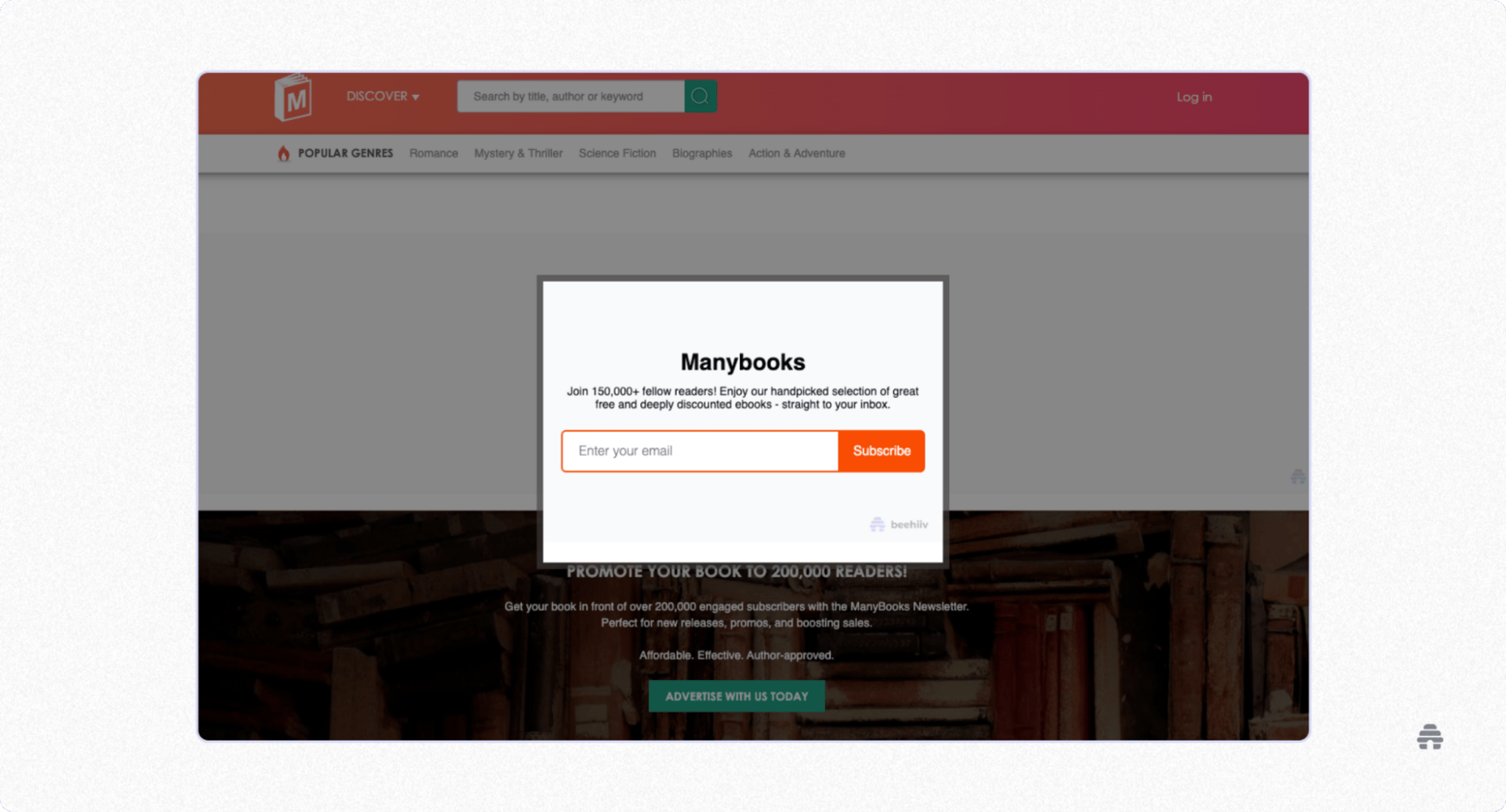 beehiiv-powered Manybooks signup popup inviting readers to join over 150,000 subscribers for free and discounted ebooks, with an email subscription field and subscribe button.
