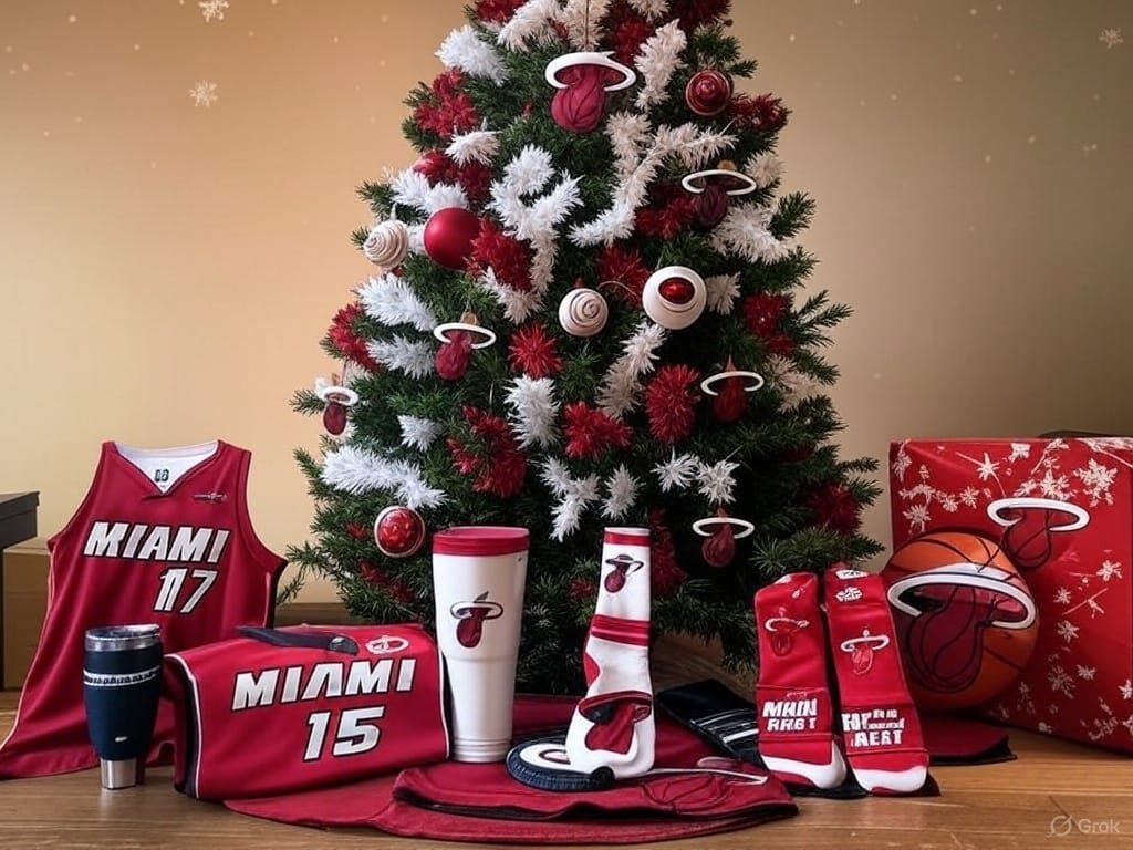 A sleek cover art illustration showcasing Miami Heat-themed gifts: a Dwyane Wade jersey, logo basketball, team socks, and a tumbler, all arranged around a festive Christmas tree in red, white, and black. Subtle snowflakes and vibrant presents in team colors highlight the Flash, Wade, and culture vibe.