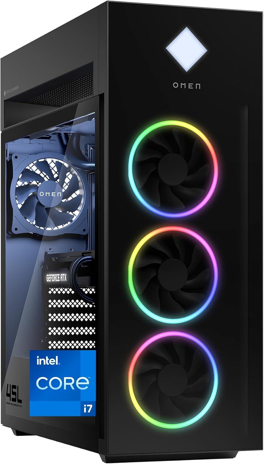 HP Omen 45L – The Stylish Performer A large, modern gaming tower with vibrant RGB strips and a clear side panel showing internal components, placed in a cozy gaming room with a controller and headset nearby.