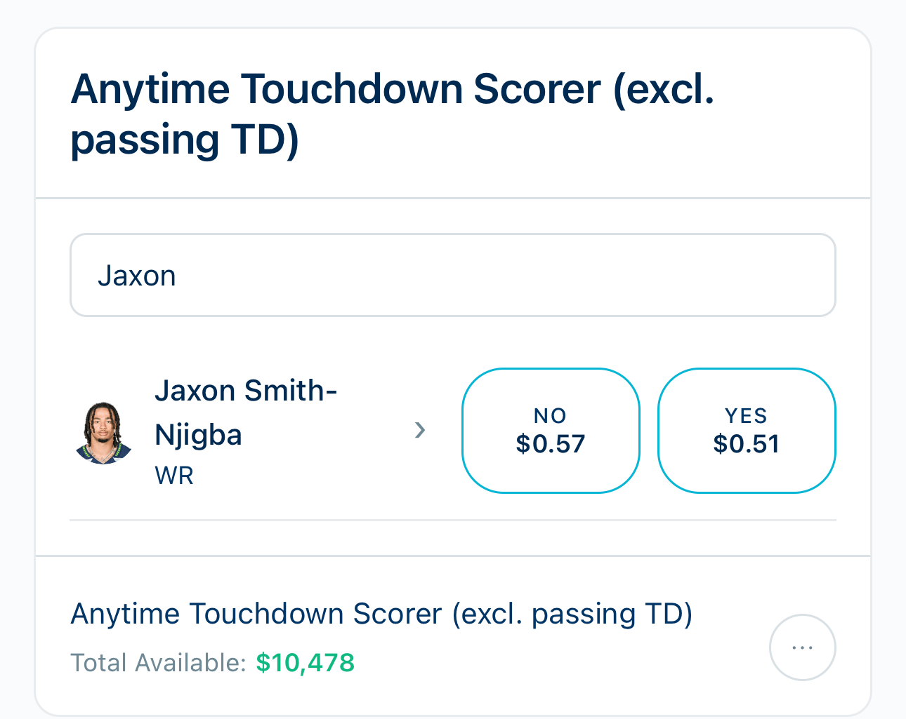 A search for Jaxon Smith-Njigba's Anytime Touchdown market in the BettorEdge app. 