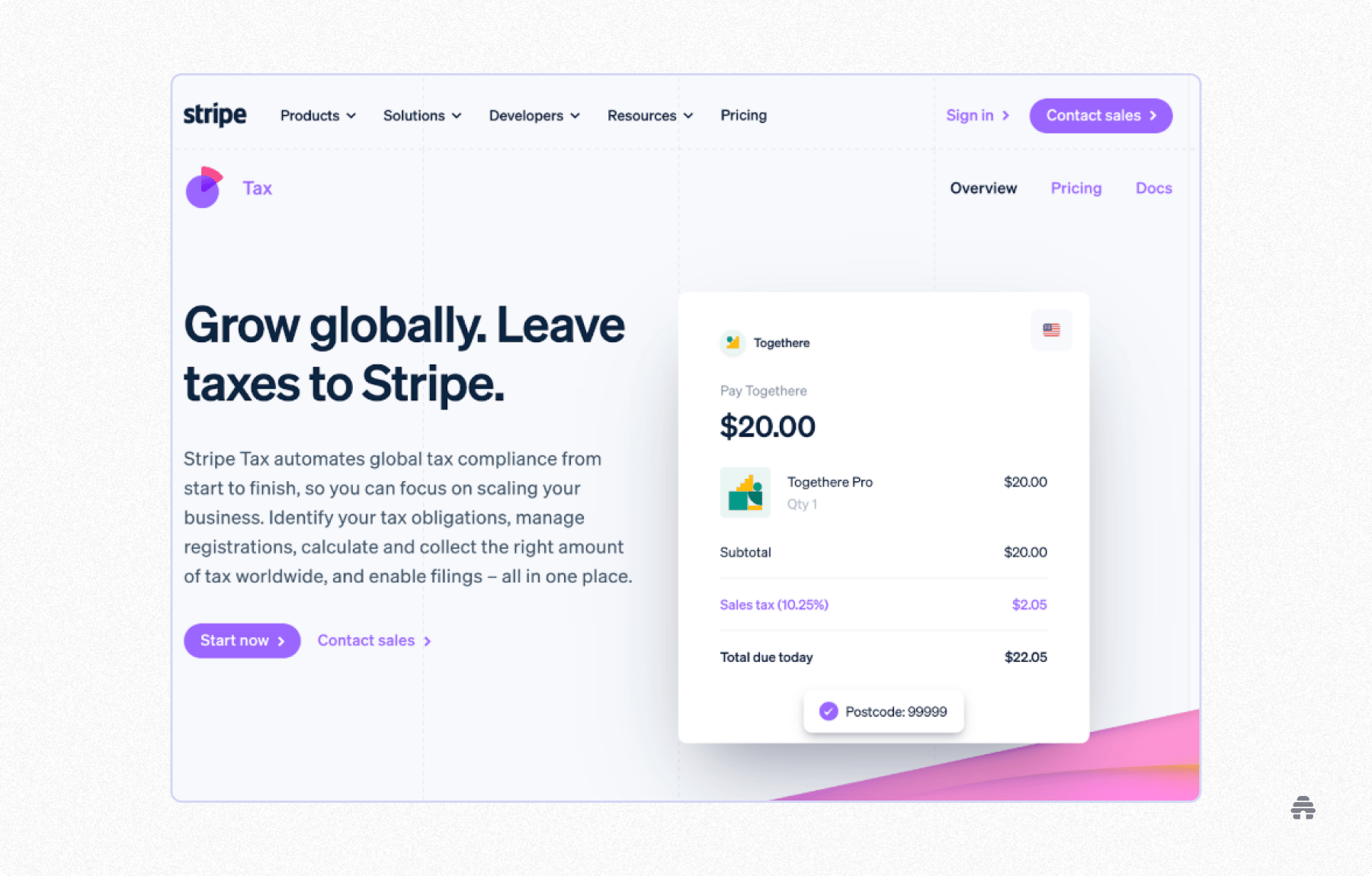 Screenshot of Stripe Tax page highlighting automated global tax compliance, calculations, and filings for SaaS and digital businesses.