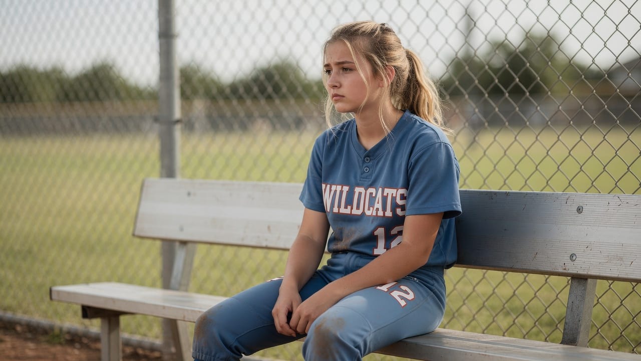 Youth softball player sitting alone on a bench during a game, watching the field