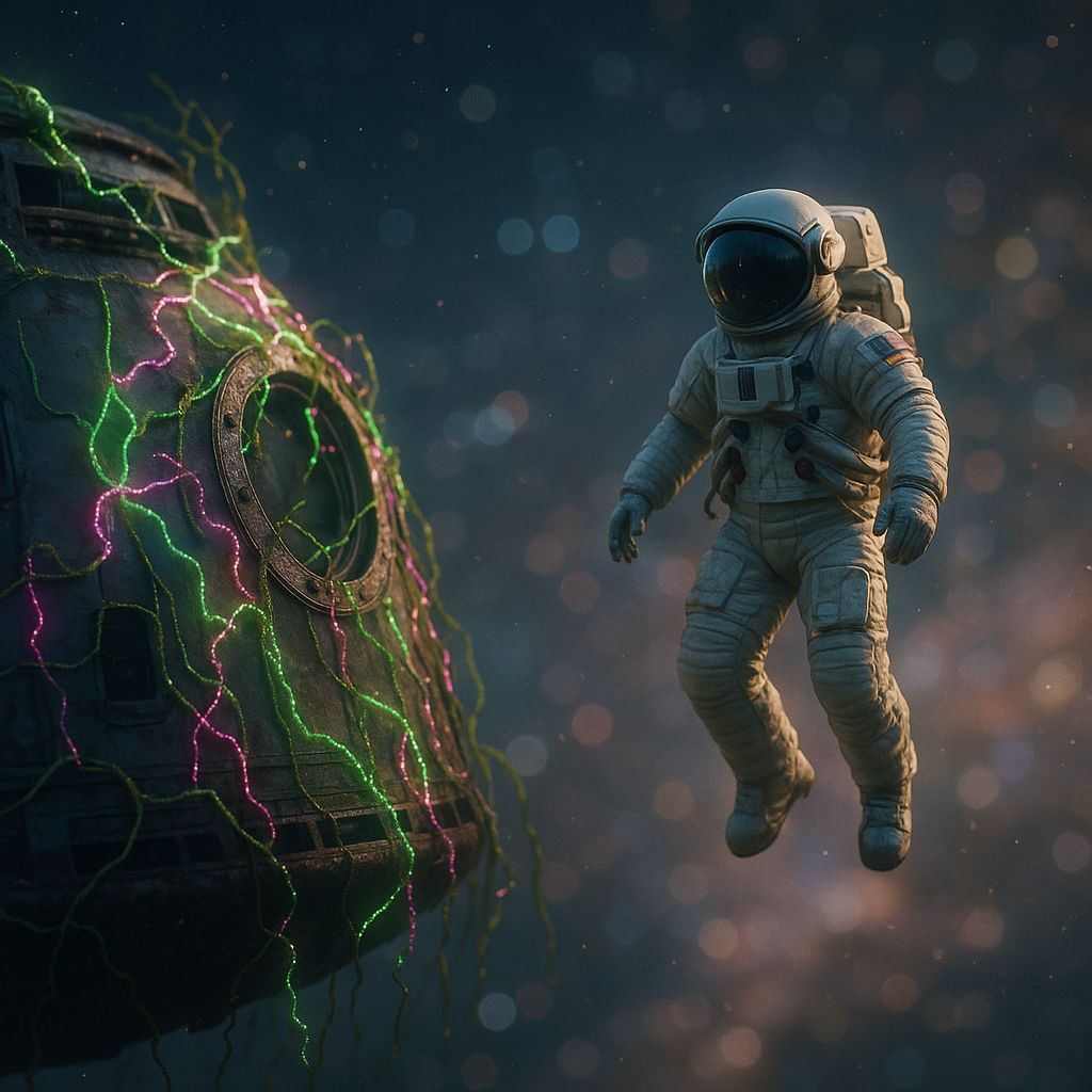 Wide-angle shot of a photorealistic astronaut in crisp focus with a softly blurred background of a derelict spacecraft and glowing stars, creating a bokeh effect to highlight subject depth.