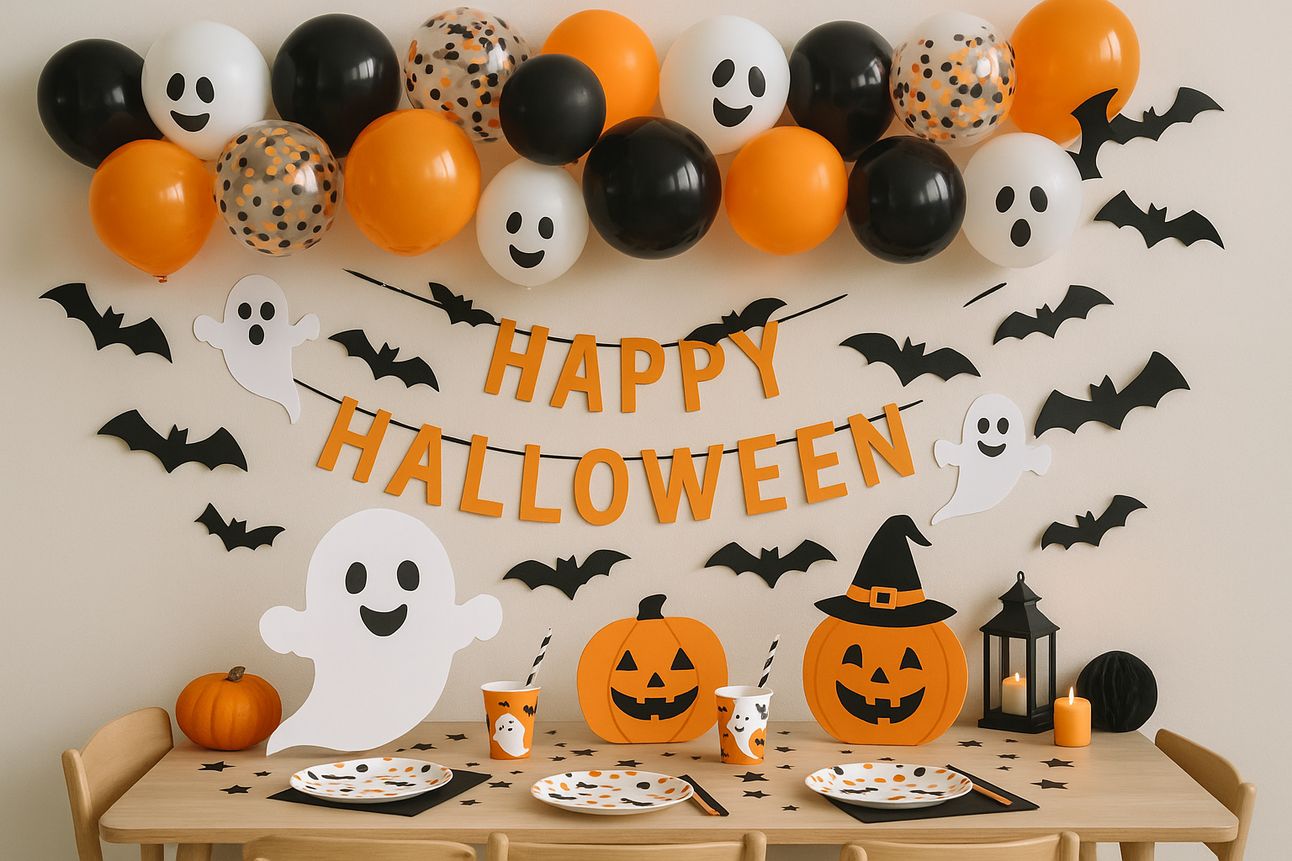A kids’ Halloween party setup featuring black, orange, and confetti-filled balloons with ghost and bat prints. A “Happy Halloween” banner hangs on the wall above a wooden table decorated with cartoon-style ghost and pumpkin cutouts, themed paper plates and cups, and small pumpkins, creating a playful and festive atmosphere.