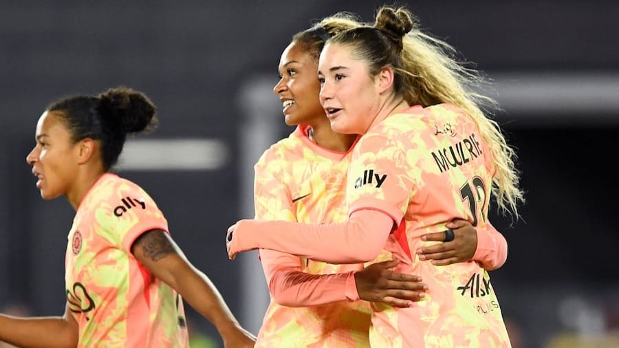 Olivia Moultrie #13 of Portland Thorns FC celebrates scoring her team's first goal during the NWSL match between Washington Spirit and Portland Thorns FC