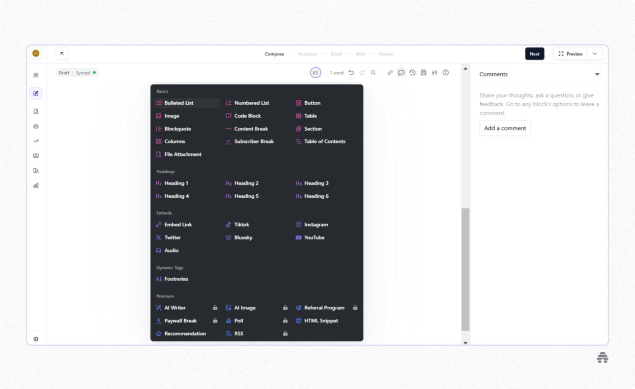 beehiiv newsletter editor showing content blocks like headings, images, embeds, and buttons for composing an email newsletter. Demonstrates how creators build and format newsletter content using beehiiv’s publishing editor.