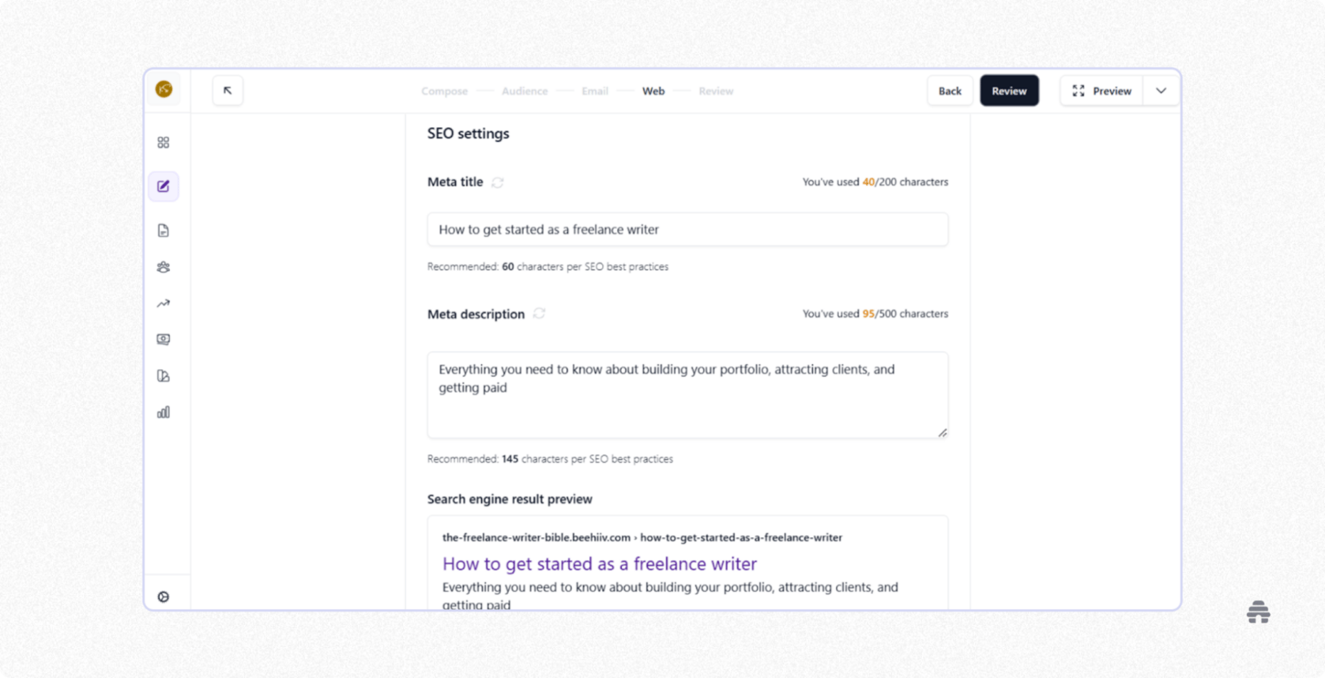 beehiiv SEO settings screen showing a creator editing the meta title and meta description for a newsletter post, with a live Google search result preview below. The interface highlights how creators optimize web posts for search visibility directly within beehiiv.
