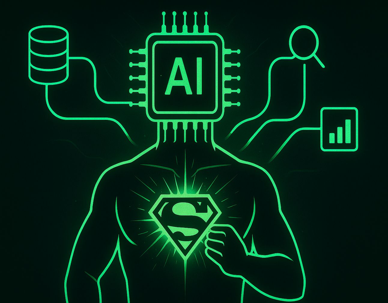 Agent persona with AI chip as a head connected to multiple data sources and superman symbol on chest