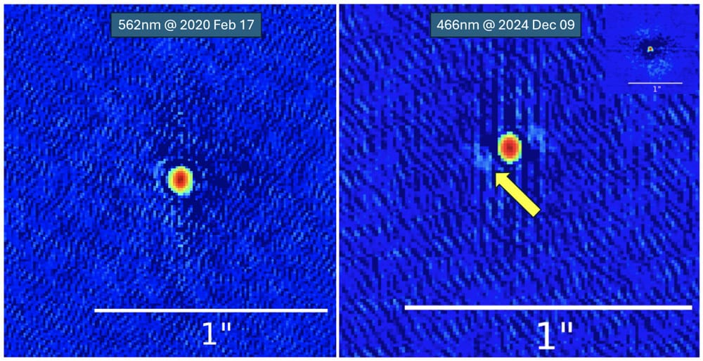 Left: a blue field with Betelgeuse as a multi-colored blob in the center. Right: same, but a faint bluish patch to the lower left.