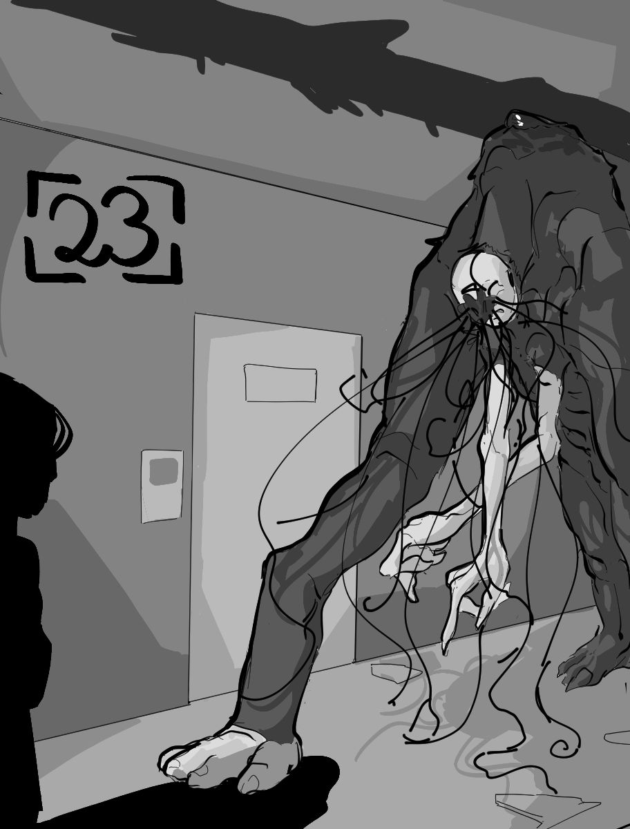 Desenho monocromático. O desenho mostra um corredor hospitalar e, no meio dele, um enorme monstro peludo com braços de duas juntas, rosto humanóide com tentáculos saindo de onde seria o nariz e, logo abaixo do rosto, um segundo par de braços pálidos e menores, com apenas uma junta. Ele anda de forma curvada e o suas costas raspam no teto, criando um rastro de sangue. No canto superior esquerdo há o número vinte e três para indicar o capítulo.