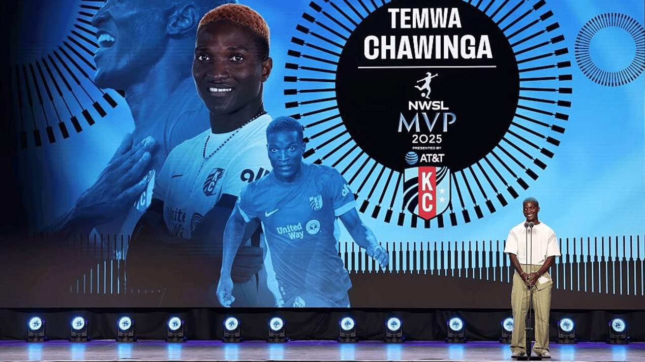Temwa Chawinga #6 of Kansas City Current receives the Most Valuable Player award during the 2025 NWSL Awards Presented by AT&T at Montgomery Theater on November 19, 2025 in San Jose, California. 