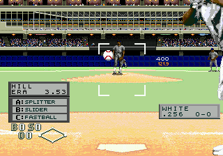 A screenshot showing the controlling player selecting pitch type and location, using what appears to be Ken Hill of the Expos against Devon White of the Blue Jays. Hill can choose between Splitter (A button), Slider (B), and Fastball (C). Hill’s current ERA (3.53) is displayed next to his name in the pitch selection box, while White’s average for the season (.256) is shown next to his numbers for the day (0-0; it’s his first at-bat). The stadium behind the pair is very detailed, with a clear view of luxury box suites in the center field batter’s eye, as well as distances of the fence visible to the player. The second baseman is also in view, as is the centerfielder far back.