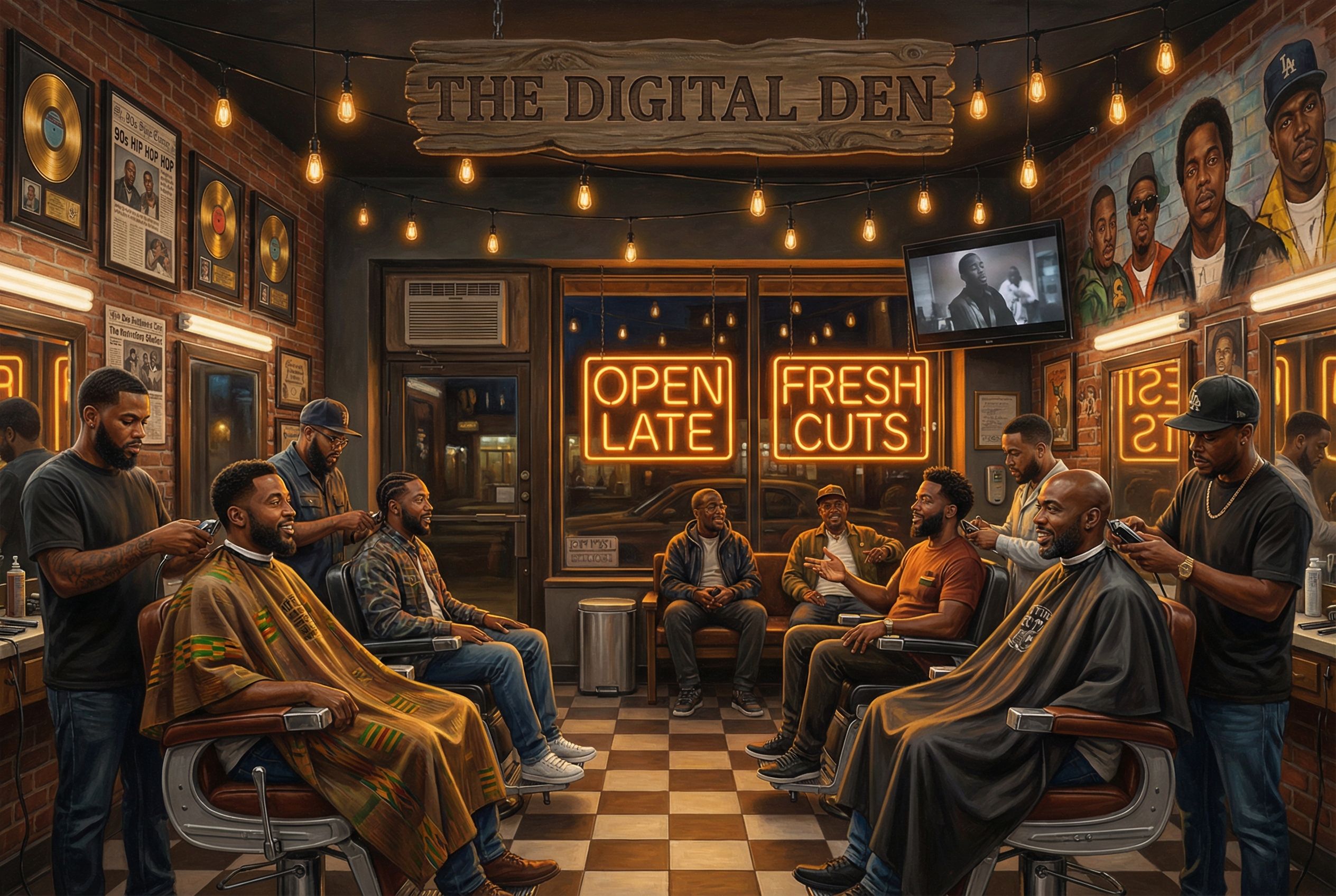 1. Neon-Lit Barbershop Culture Hyper-realistic oil painting of the interior of a classic Black-owned barbershop at night, illuminated by warm neon signs and vintage Edison bulbs. Barbers and clients of diverse ages and backgrounds engage in animated conve
