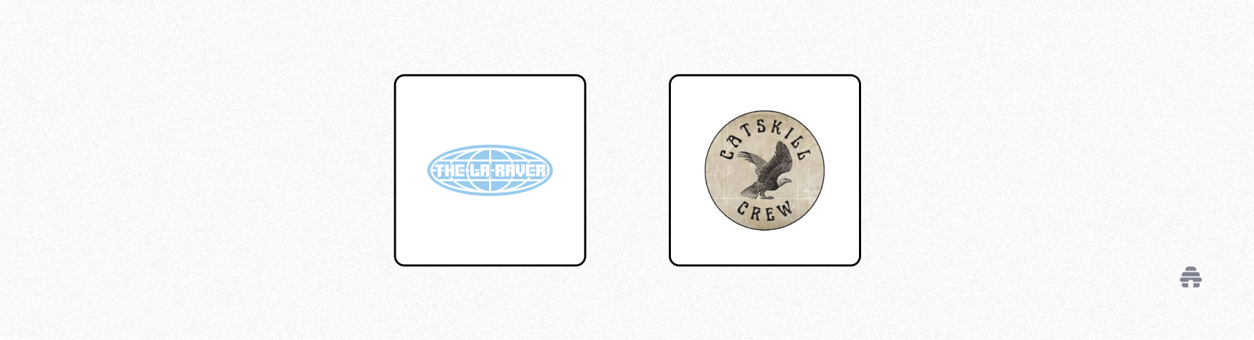 Two creator brand logos—“The LaRaver” and “Catskill Crew”—displayed side by side to showcase independent newsletter or community brands. The graphic highlights examples of creators building recognizable audiences on platforms like beehiiv.