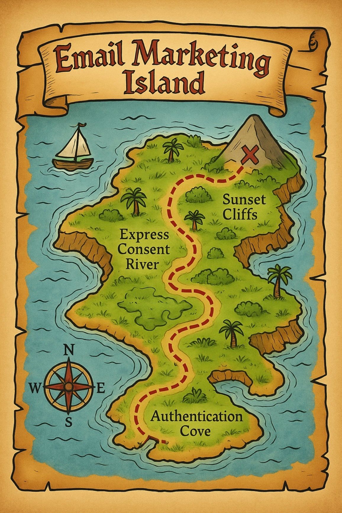 Illustrated treasure map titled "Email Marketing Island" featuring a winding dotted path from "Authentication Cove" through "Express Consent River" to "Sunset Cliffs," with an "X" marking a spot near a mountain and a sailboat in the surrounding sea.