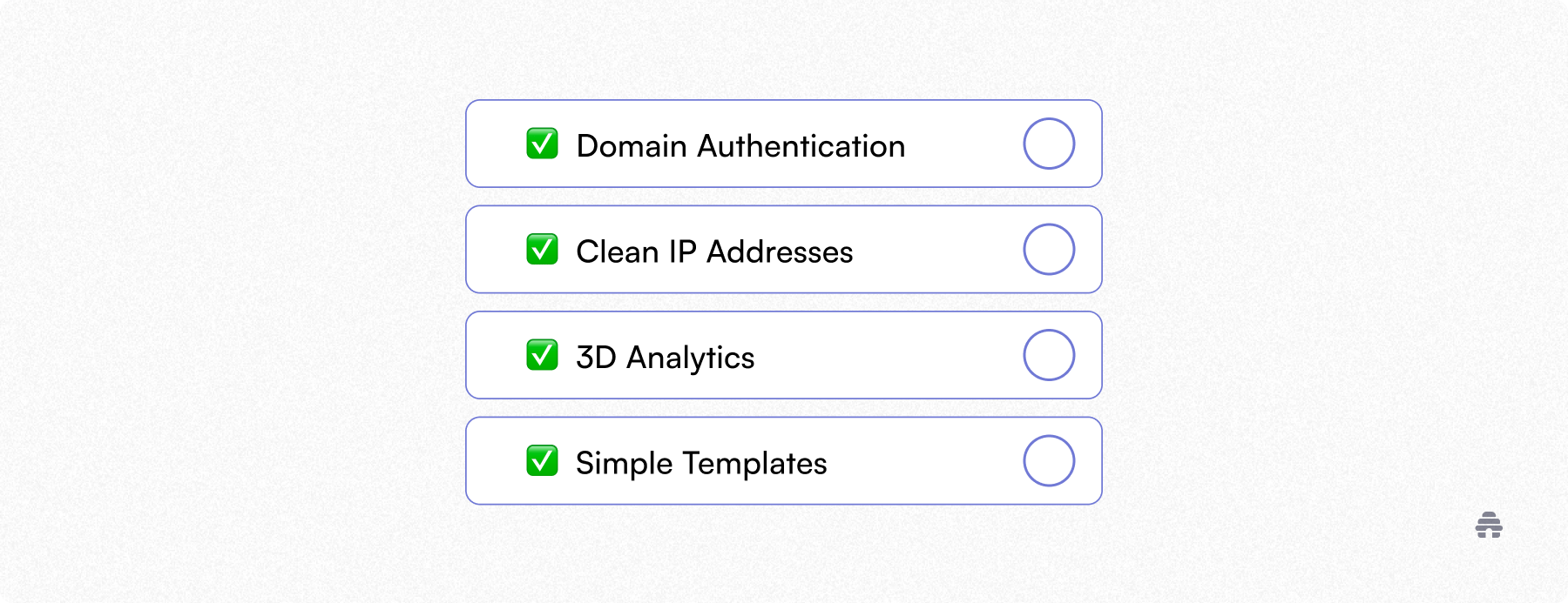 Checklist graphic highlighting email deliverability features—Domain Authentication, Clean IP Addresses, 3D Analytics, and Simple Templates—each marked complete. The illustration emphasizes best practices used by creator newsletter platforms like beehiiv to improve inbox placement and performance.
