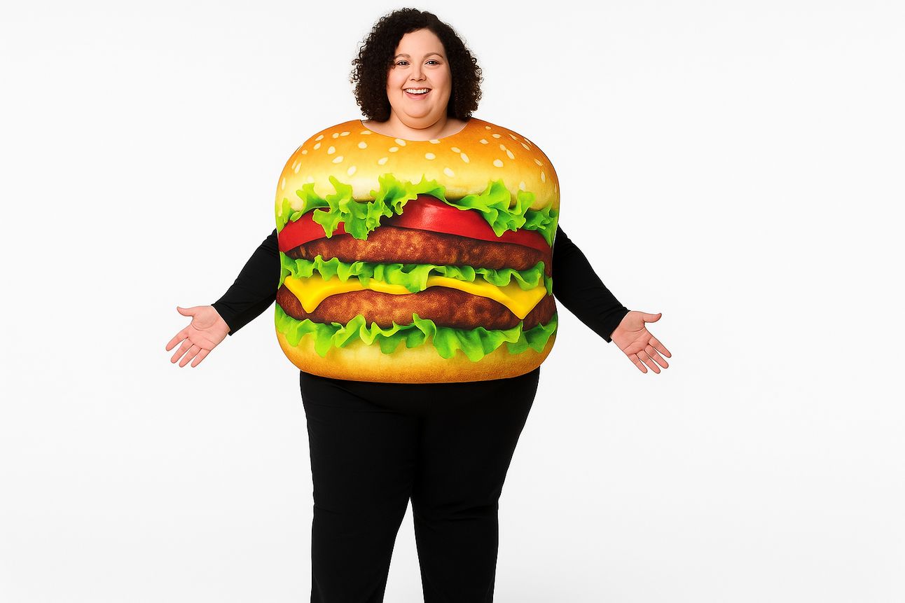 A plus-sized woman wearing a realistic hamburger costume, featuring detailed layers of lettuce, tomato, cheese, and two beef patties between sesame seed buns. She is smiling with arms open, dressed in black pants and a long-sleeve shirt, standing against a clean white background.