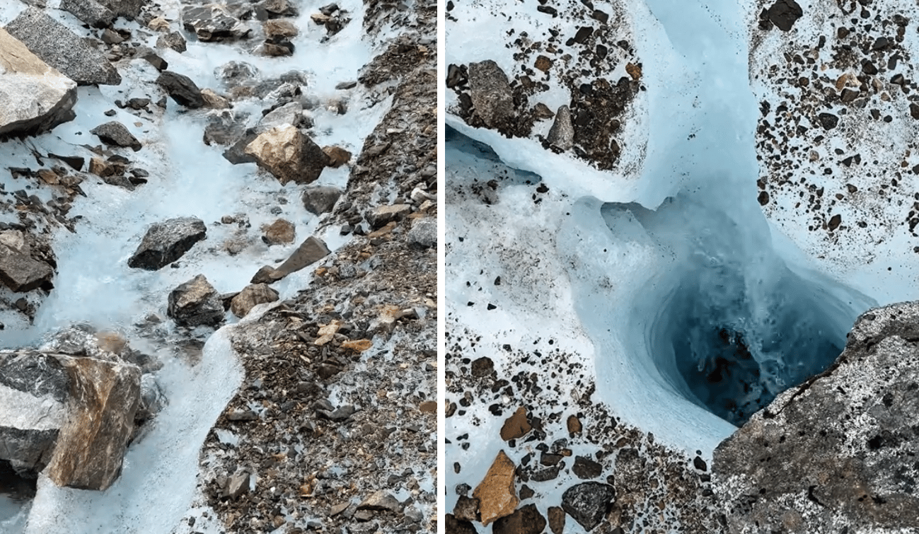 streams of runoff carving into the rocky surface of a glacier