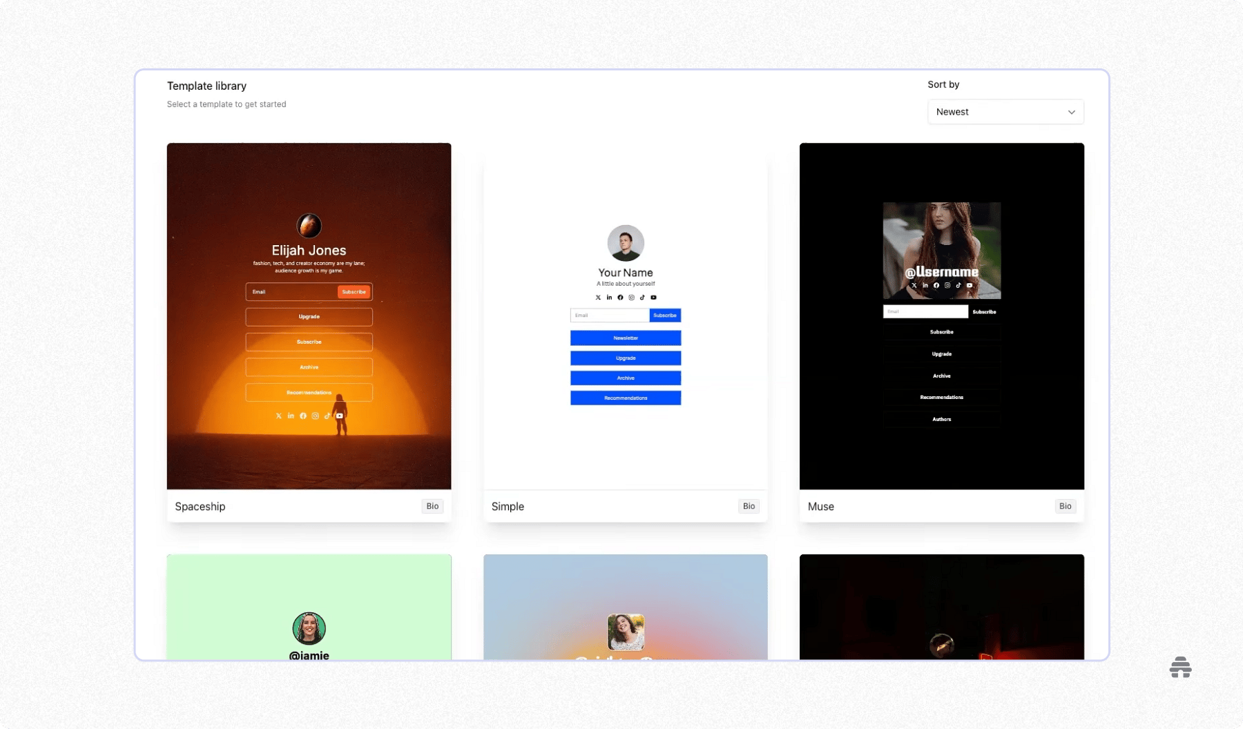 beehiiv template library showcasing customizable newsletter and creator page designs for building a branded email signup and content hub.