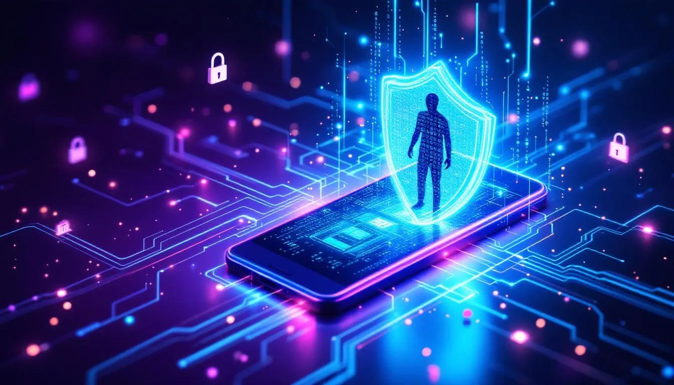 A conceptual cybersecurity scene features a mobile phone surrounded by a glowing digital shield, symbolizing protection against identity fraud and SIM swap attempts. In the background, a hacker silhouette fades away as data lines and circuit patterns flow around the device, all set against a dark purple and deep blue backdrop with metallic cyan highlights, representing a secure mobile ecosystem.