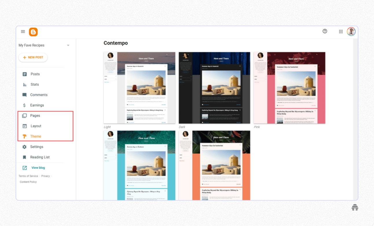 Blogger theme customization page showing the Contempo template with multiple layout and color style options. Illustrates how creators design and customize a blog’s appearance using Google Blogger themes.