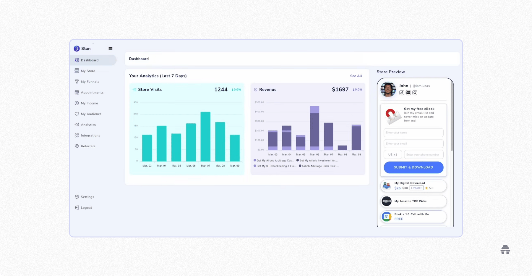 Stan Store dashboard showing creator analytics with store visits, revenue charts, and a mobile storefront preview for selling digital products and capturing leads.