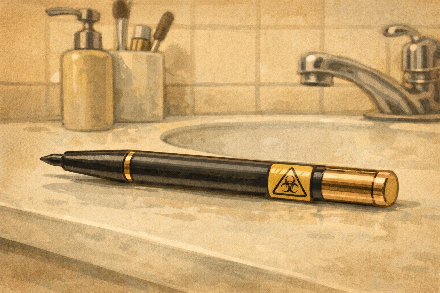 Illustration of an eyeliner pen marked with a biohazard symbol, resting on a bathroom counter