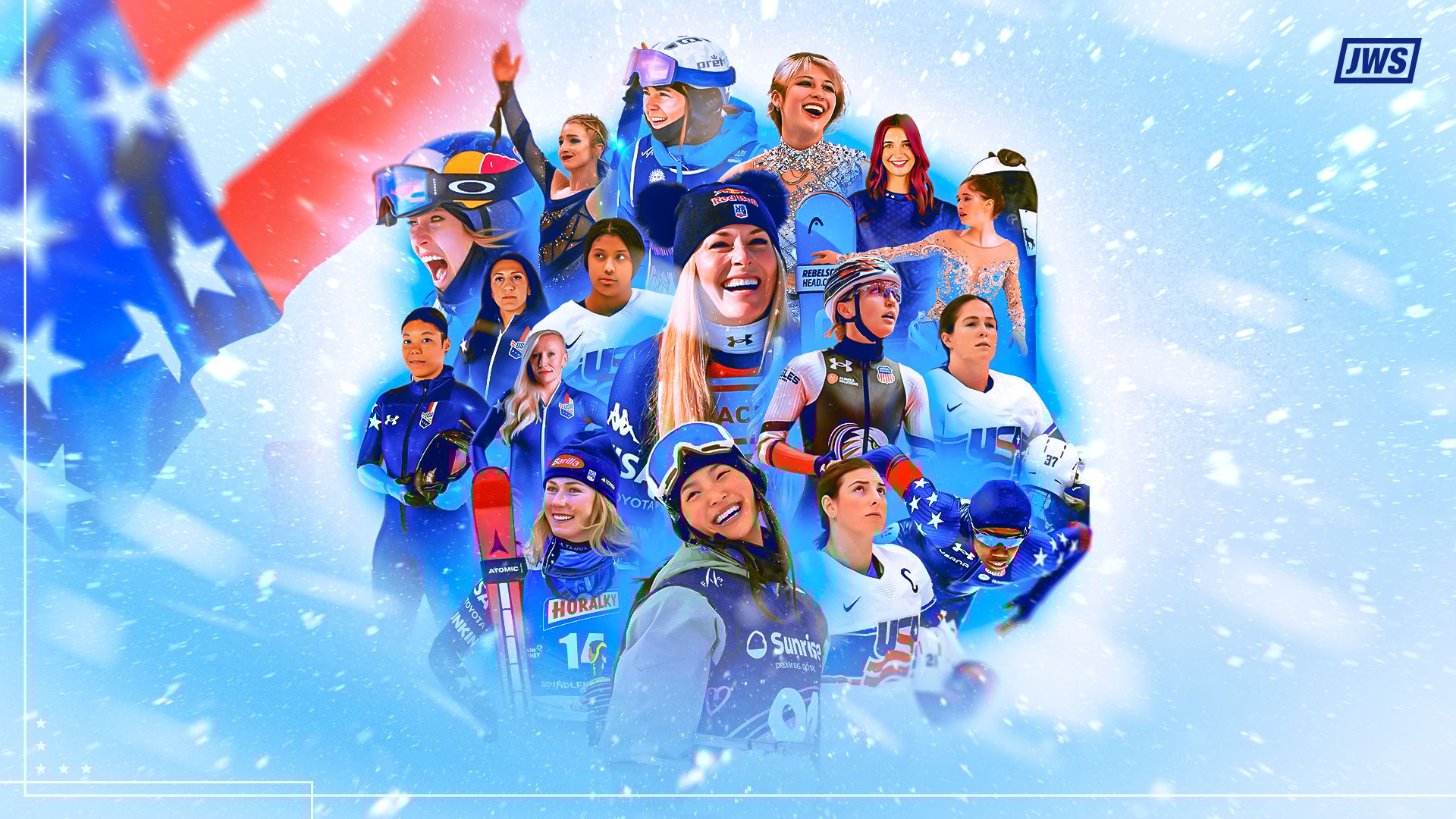 JWS winter Olympics graphic featuring women's sports stars.