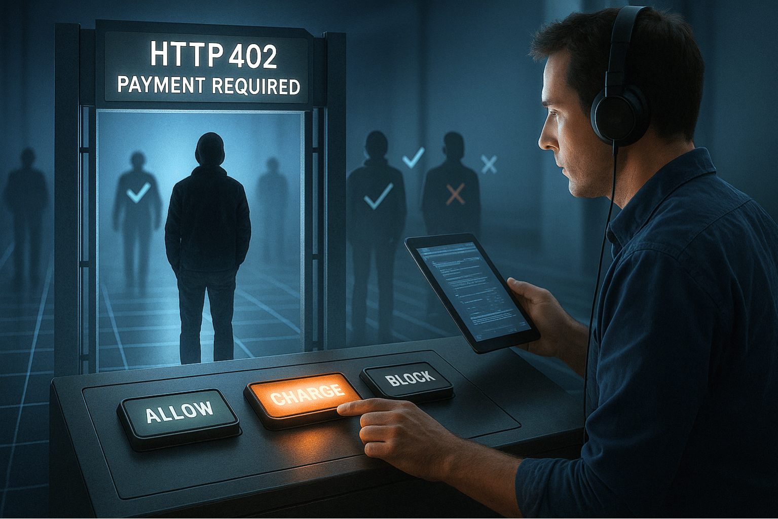 Realistic image of a man in a dark, futuristic control room wearing headphones and holding a tablet. In front of him is a large console with three buttons labeled “ALLOW,” “CHARGE,” and “BLOCK.” His finger is pressing the glowing orange “CHARGE” button. In the background, several shadowy figures stand before a metallic gate labeled “HTTP 402 Payment Required.” Some of the figures are marked with green check symbols, others with red Xs, representing AI bots being allowed or denied access. The scene is softly lit in blue tones with warm accent lighting, emphasizing control, verification, and digital gatekeeping.