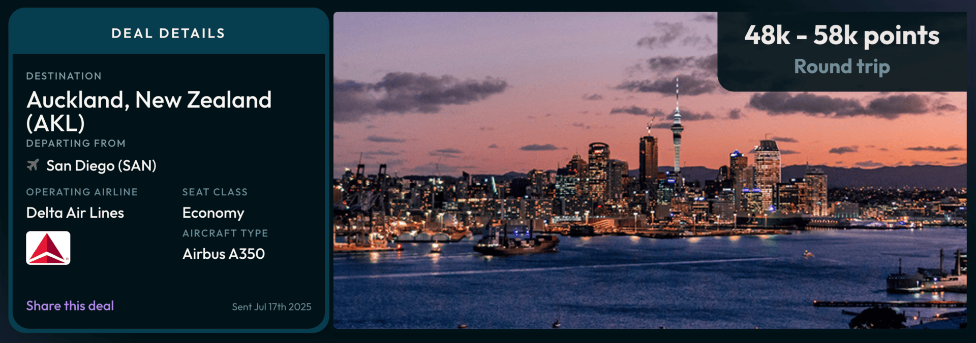 San Diego to Auckland for 48k miles round-trip