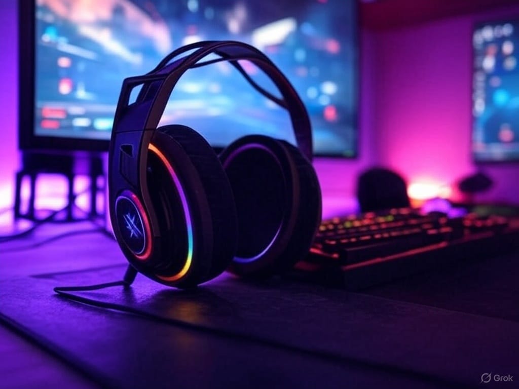 A sleek gaming headset with glowing RGB accents in blue, red, and purple sits on a modern desk, part of a gaming setup with an RGB keyboard and mouse. A monitor displays a vibrant game world with a futuristic blue landscape. The dimly lit room is illuminated by dynamic purple and red lighting, capturing the festive thrill of Christmas gaming, in a 16:9 aspect ratio.