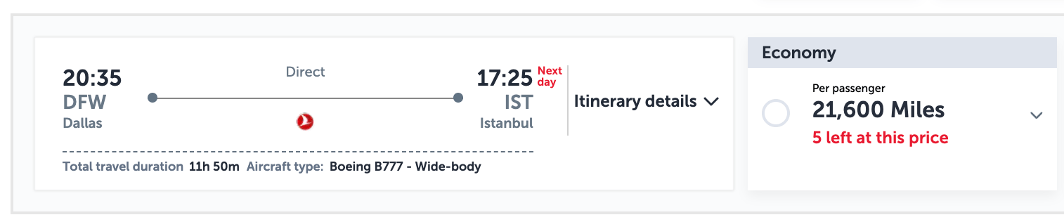 DFW-IST for 21,600 Turkish miles