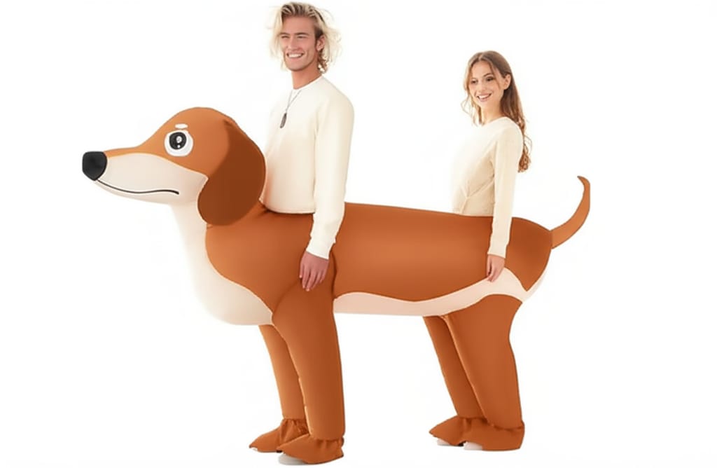 Two people in a brown inflatable dachshund costume, with a man at the front and a woman at the back, standing against a solid white background in a 16:9 landscape format.