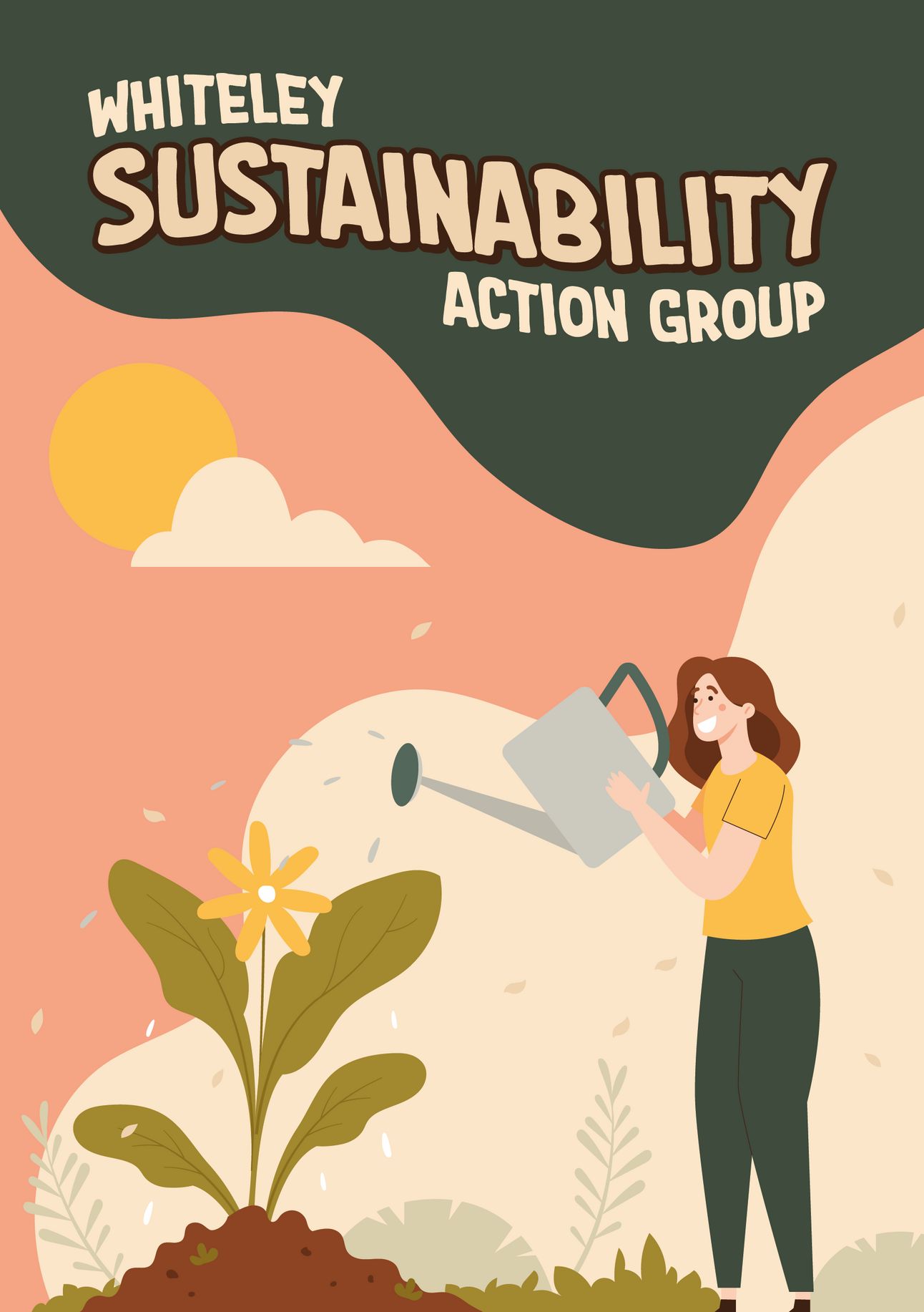Sustainability poster, with a smiling woman watering a large flower
