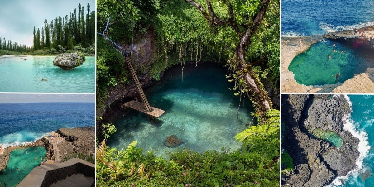Collage of cliffside ocean pools filled with turquoise water