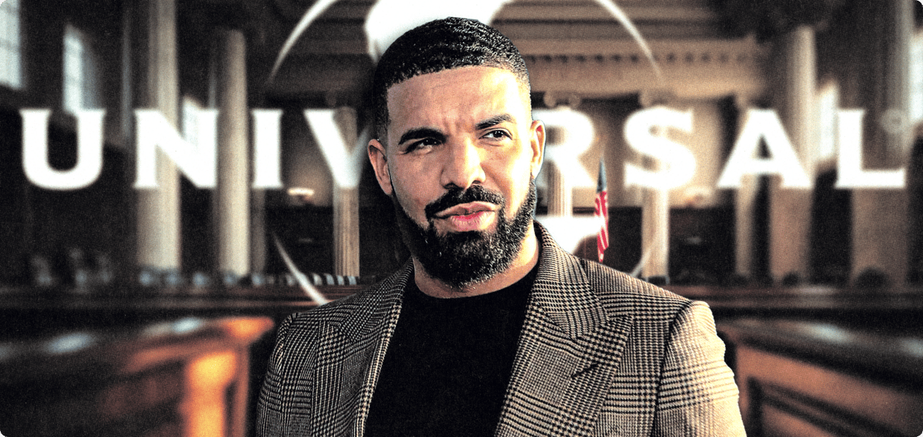 Drake in front of Universal Music logo 
