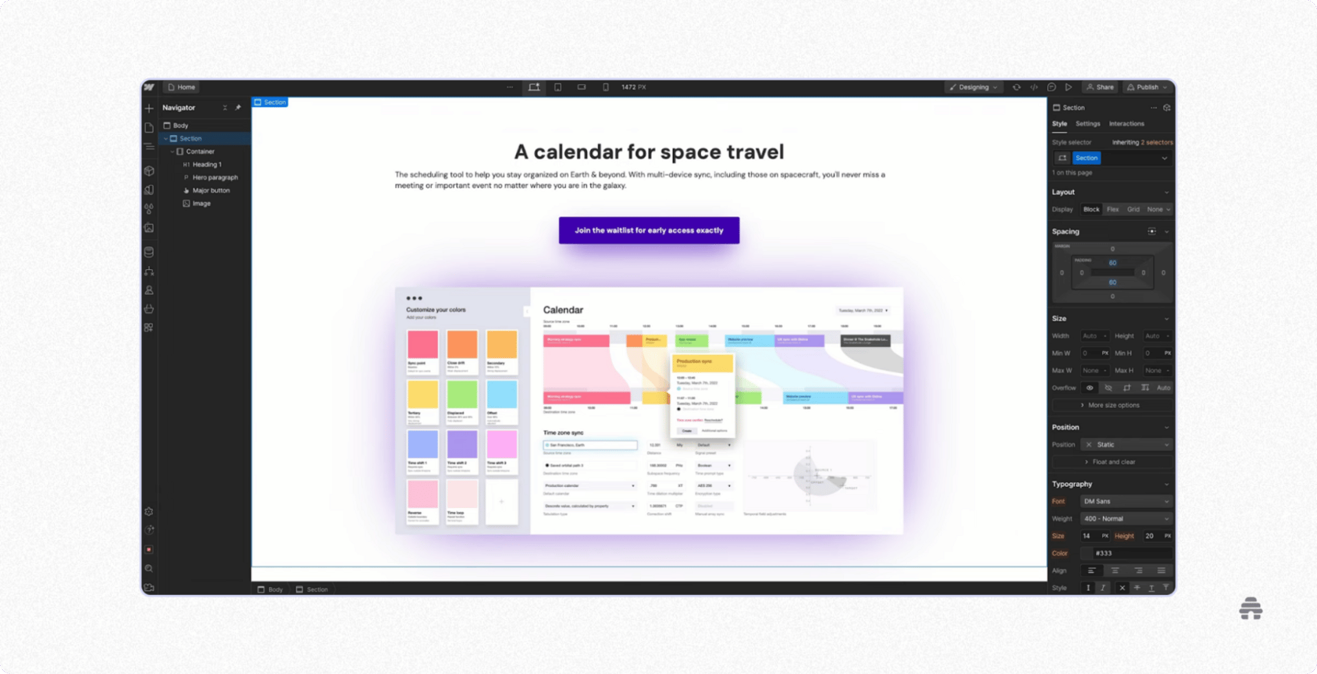 Web design editor interface showing a creator building a landing page titled “A calendar for space travel,” with layout, typography, and spacing controls visible alongside a live preview. The screen illustrates how creators design and customize product or newsletter pages using a visual website builder.